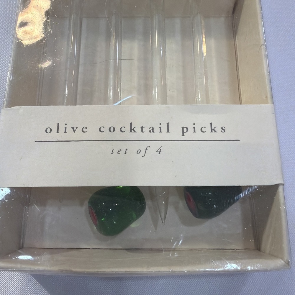 Vintage Pier 1 Set of‎ 4 Glass Olive Picks/Stirrers in Original Box New 24 - Picture 2 of 4